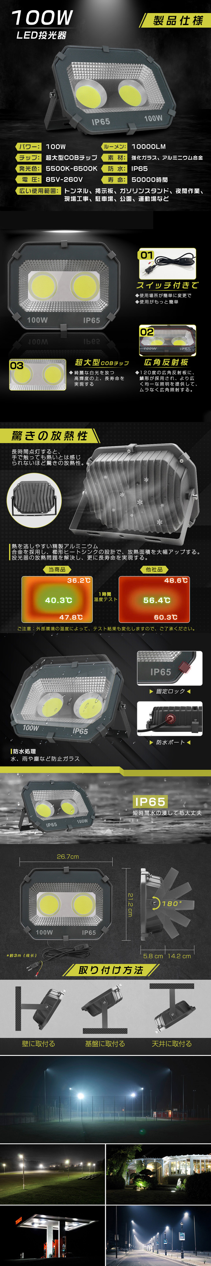 オンライン購入限定の-即納 100W LED投光器 8台 昼光色 6000k IP66